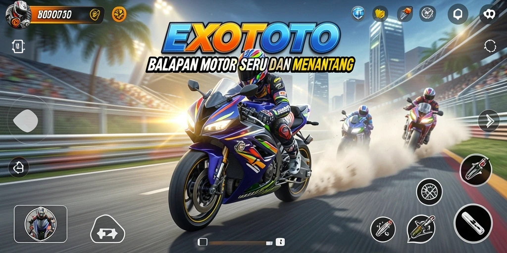 Gameplay seru di EXOTOTO dengan aksi balapan motor yang mendebarkan.