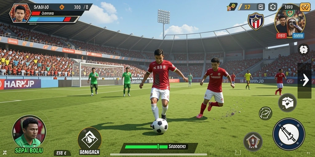 Tampilan gameplay HARAPJP yang mendebarkan saat pertandingan sepak bola.