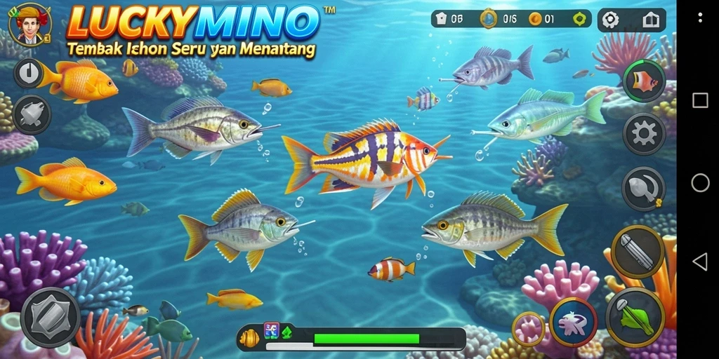 Gameplay seru LUCKYMINO saat membidik ikan.