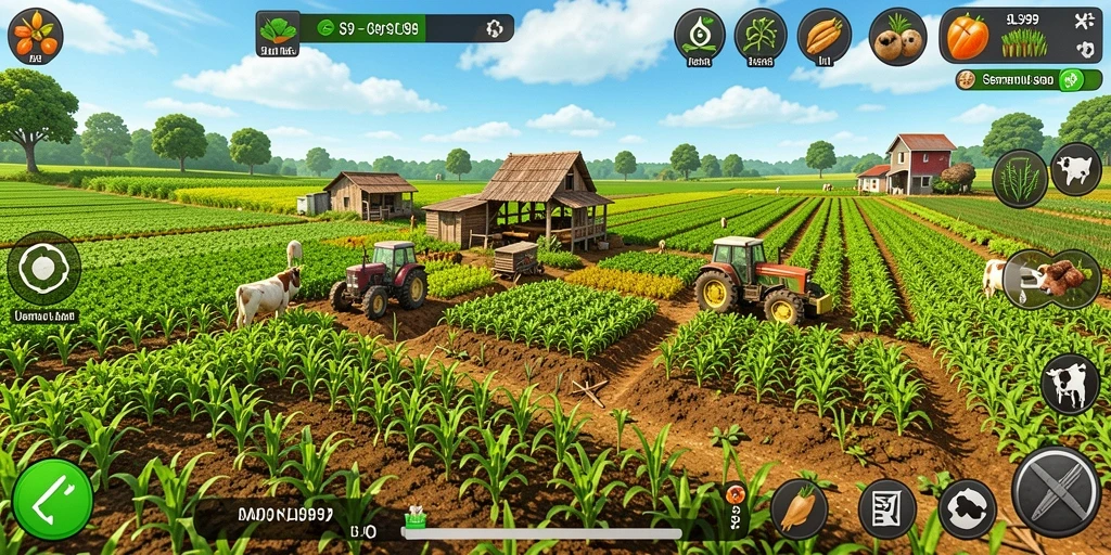 Screenshot gameplay SL999 menunjukkan suasana ladang yang hijau dan subur.
