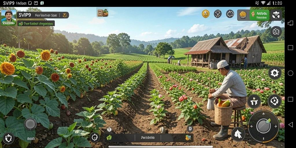 Screenshot gameplay yang menunjukkan kesibukan di lahan pertanian.